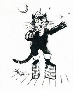 Puss in (tuğla duvarlı platform) çizmeler (beyaz kart üzerine şeffaflık üzerine mürekkep) by George Adamson