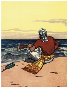 Bir korsan ıssız bir adaya düşer ve ufuk çizgisine bakar George Albert Williams (1875-1932) 1914 "The Boys Books of Pirates"