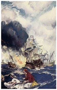 Brulot patlayıcı yükü bir gemiye fırlatılıyor George Albert Williams (1875-1932) 1914 tarafından “Panama Korsanları veya Amerika Korsanları””ndan İllüstrasyon by George Alfred Williams