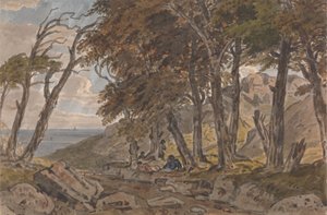Ormanlık Bir Yolun Kıyısındaki Figürler, Sol Uzakta Deniz by George Barret Jr.