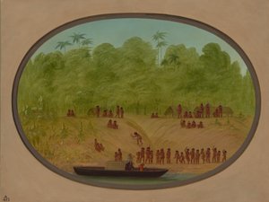 Bir Omagua Köyü - Tekne Kroki, 18541869. by George Catlin