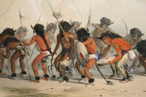 Buffalo Dance detay, pub. 1845 renkli litografi. by George Catlin
