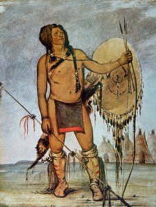 Kalkanı, mızrağı, yayı ve okları olan Komançi savaşçısı, c.1835 (renkli taş) by George Catlin