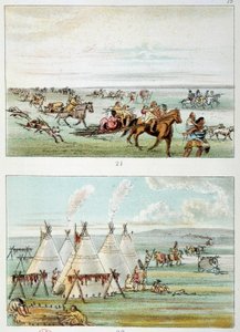 Amerika Kızılderilileri: (üstte) satılık derilerle hareket eden kabile. (Alt) 500 ila 600 tipi kabile. George Catlin