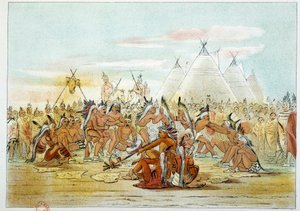 Amerika Kızılderilileri: Siyuların pipo dansına benzeyen Assiniboin kabilesi. George Catlin