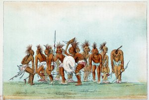 Amerika Kızılderilileri: Kara Şahin kabilesi turistler için dilenci dansı yapıyor. George Catlin