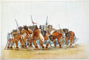 Amerika Kızılderilileri: Mandan savaşçılarının başlarında bufalo kafalarıyla buluşması. George Catlin