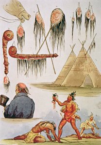 Saç derisinin kazıma ve dekoratif kullanımı (kağıt üzerine sulu boya) by George Catlin