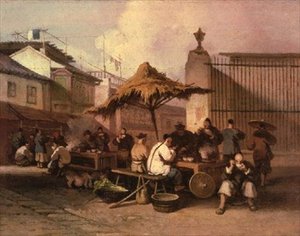 San Domingo kilisesinin dışında yemek yiyen bir grup Çinli by George Chinnery