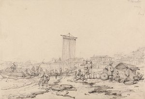 Balıkçılar ve Binalarla Sahil Manzarası, Makao by George Chinnery