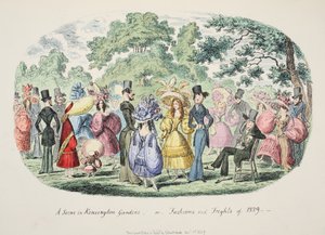 Kensington Bahçelerinde Bir Sahne - veya - 1829 Modası ve Korkuları, pub. 1829 (el renkli gravür) by George Cruikshank
