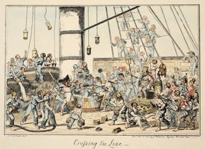 Çizgiyi Geçmek, Greenwich Hastanesinden, Bir Savaş Adamının Yaşamını Tanımlayan Bir Deniz Kuvvetleri Eskizleri Dizisi, pub. 1825 (el renkli gravür) by George Cruikshank