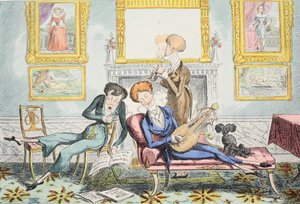 Sinek kuşları veya A Dandy Trio, pub. 1835 (el renkli gravür) by George Cruikshank