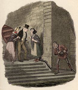 Noe Claypole, Bay Brownlow, Rose Maylie ve Nancy arasındaki gizli randevuyu gözetliyor - Toplantı - “” Oliver Twist” için İllüstrasyon (Olivier) (Olivier Twist