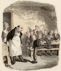 Oliver, Küçük Çocuklar Bakımevinin süpervizöründen ekstra yiyecek talep etmek üzere tasarlanmıştır - Oliver daha fazlasını istiyor - “” Oliver Twist”” için illüstrasyon (Olivier) (Olivier Twist
