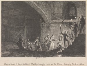 Kraliçe Jane ve Lord Guilford Dudley, Hainler Kapısı'ndan Kule'ye geri getirildi by George Cruikshank