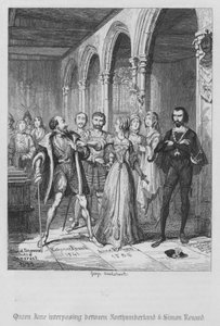 Northumberland ve Simon Renard arasına giren Kraliçe Jane (gravür) by George Cruikshank