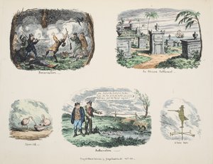 Hurdalar ve Eskizler: Koruma, Bir Afrika Yerleşimi, Kaşık-fatura, Rahatsızlık, Bir Kanatlı Adam, pub. 1831 (el renkli gravür) by George Cruikshank