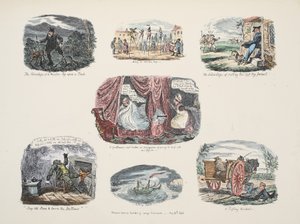 Tahta Ayağa Sahip Olmanın Avantaj ve Dezavantajlarına İlişkin Çizimler Serisi, pub. 1828 (el renkli gravür) by George Cruikshank