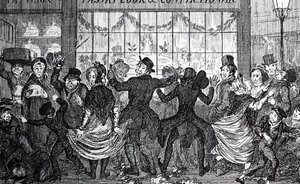 Street urchins causing havoc in the crowd outside a confectioner
