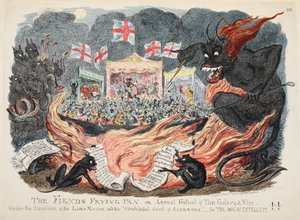 Fiends Kızartma Tavası veya Tom Foolery & Vice Yıllık Festivali, pub. 1832 (el renkli gravür) by George Cruikshank