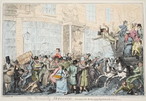 Piccadily Sıkıntısı, pub. 1936 (el renkli gravür) by George Cruikshank