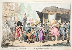 Fransa'da seyahat veya Le Depart de la Diligence, pub. 1835 (el renginde gravür) by George Cruikshank