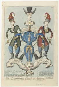 İki giyinmiş maymun, manken şeklinde bir silah tutuyor. Dandies Arması (nesne üzerindeki başlık) by George Cruikshank