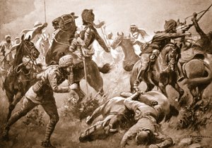 Risaldar Santa Singh, Dafadar Bisham Singh ve Sowar Buda Singh, Kaptan Willoughby'nin yardımına Arapların saflarını kırarak by George Derville Rowlandson