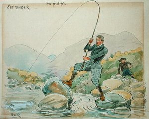 Eylül Ayı: Olta balıkçılığı (kalem ve mürekkep ve kağıt üzerine sulu boya) by George Derville Rowlandson