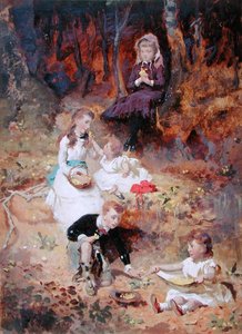 Ormanda Oynayan Beş Çocuk (kart üzerinde yağlı boya) by George Elgar Hicks