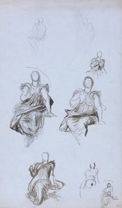 Bir kitapla oturan bir figürün çalışmaları (kalem & kahverengi mürekkep ve mavi kağıt üzerinde grafit) by George Frederick Watts