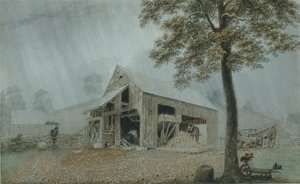 Rainstorm, Cider Mill, Redding, Connecticut, c.1840 (beyaz dokuma kağıt üzerine suluboya ve guaj boya) by George Harvey