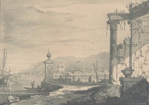 Sağda klasik bir harabe olan bir sahil sahnesi, 1811. by George Hawkins