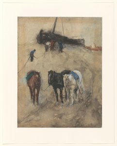 Sahilde atlar, arka planda bir mavna ve balıkçılar by George Hendrik Breitner