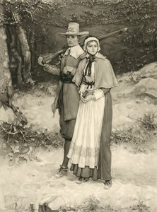 Puritan couple on their way to Sunday worship, engraved by Thomas Gold Appleton, 1885 