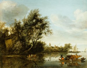 Ağaçların Arasında Bir Saman Ocağı ve Yolcuların ve Sığırların Olduğu Bir Feribot ile Bir Nehir Manzarası by George Henry Clements