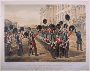 İskoç Fusilier Muhafızlarının Savaş Makamı'na hareketlerinin sabahı Buckingham Sarayı'ndaki geçit töreni, 2 Mart 1854, E. Walker tarafından oyulmuş, Colnaghi und Co. tarafından yayınlanmış, 1854 by George Housman Thomas