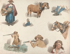 Beşli Set: Sekiz çalışma: Sepetli Kadın, Göz Kırpan Araba Atı, vb. by George Morland