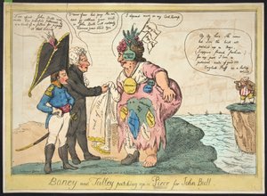 Boney ve Talley, John Bull, pub için bir parça hazırlıyorlar. 1806 (el renkli gravür)