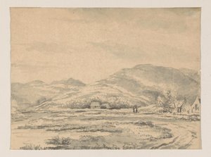 Birkaç ev ve solda bir nehir ile tepelik manzara by George Pieter Westenberg