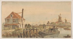 Bir tekne, bir ev ve iki yel değirmeni ile yelken açın by George Pieter Westenberg