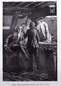 Gemi meydanındaki hikaye sahnesi: Dr. Livesey ve Chevalier Trelawnay