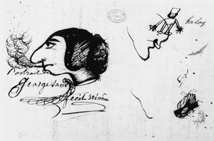 George Sand sigara içiyor (1804-76) kendi karikatürüyle