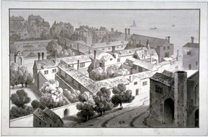 Winchester Piskoposu sarayının kuşbakışı görünümü, Southwark, Londra, c1820. by George Shepherd