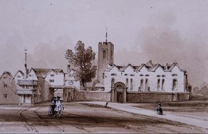 Highgate Okulu ve Şapel, c.1840 (sepya mürekkebiyle yıkama çizimi) by George Sidney Shepherd