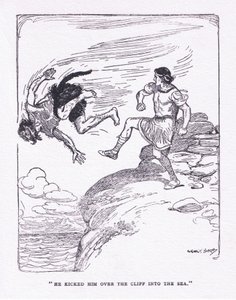 George Allen ve Unwin 1929 (renkli lito) tarafından yayınlanan The Heroes'dan, onu denizde uçurumdan aşağı attı. by George Soper