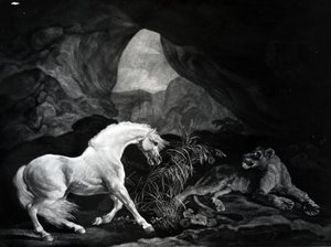 Benjamin Green tarafından kazınmış bir dişi aslan tarafından ürken bir at, 1774