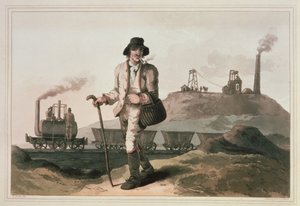 Leeds yakınlarındaki Middleton kömür ocağında Blenkinsop lokomotifi, Robert ve Daniel Havell tarafından oyulmuş, 1814