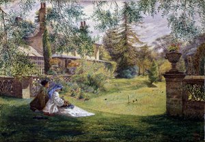 Bir Yaz Öğleden Sonrası. Bir Yaz Öğleden Sonrası: İki genç kadın bir bahçede çimlerin üzerinde oturmaktadır. Karşılarında bir kriket sahası var. George William Mote (1832-1909 İngiliz) tarafından yapılmıştır. Preraphaelism (Preraphaelite sanatı). Özel kole by George William Mote